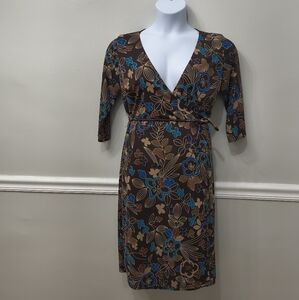 Mica Women's Brown Floral Wrap Dress Medium Career Office Casual Preppy Travel